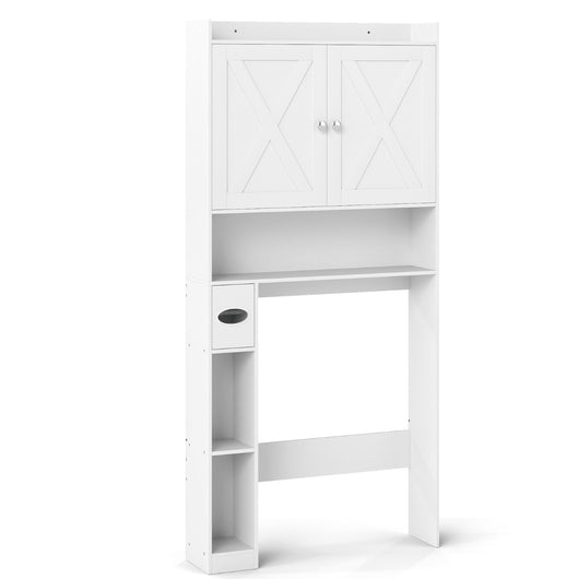 Scaffale organizzatore con doppie ante e ripiano regolabile, Mobile contenitore sopra il WC per bagno e lavanderia Bianco-Armadietti da bagno