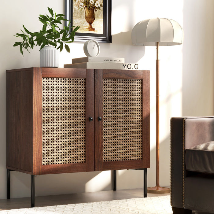 Mobile credenza con 2 ante in rattan ripiano regolabile in 3 posizioni-Mobile buffet da cucina Noce