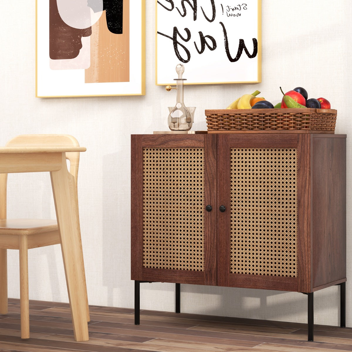 Mobile credenza con 2 ante in rattan ripiano regolabile in 3 posizioni-Mobile buffet da cucina Noce