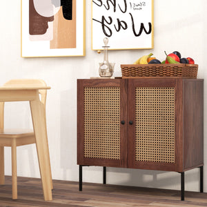 Mobile credenza con 2 ante in rattan ripiano regolabile in 3 posizioni-Mobile buffet da cucina Noce