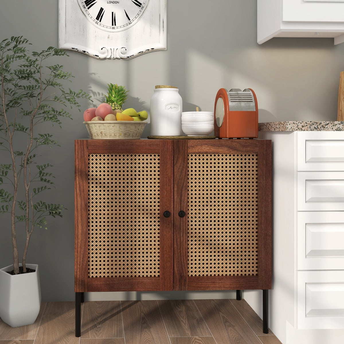 Mobile credenza con 2 ante in rattan ripiano regolabile in 3 posizioni-Mobile buffet da cucina Noce