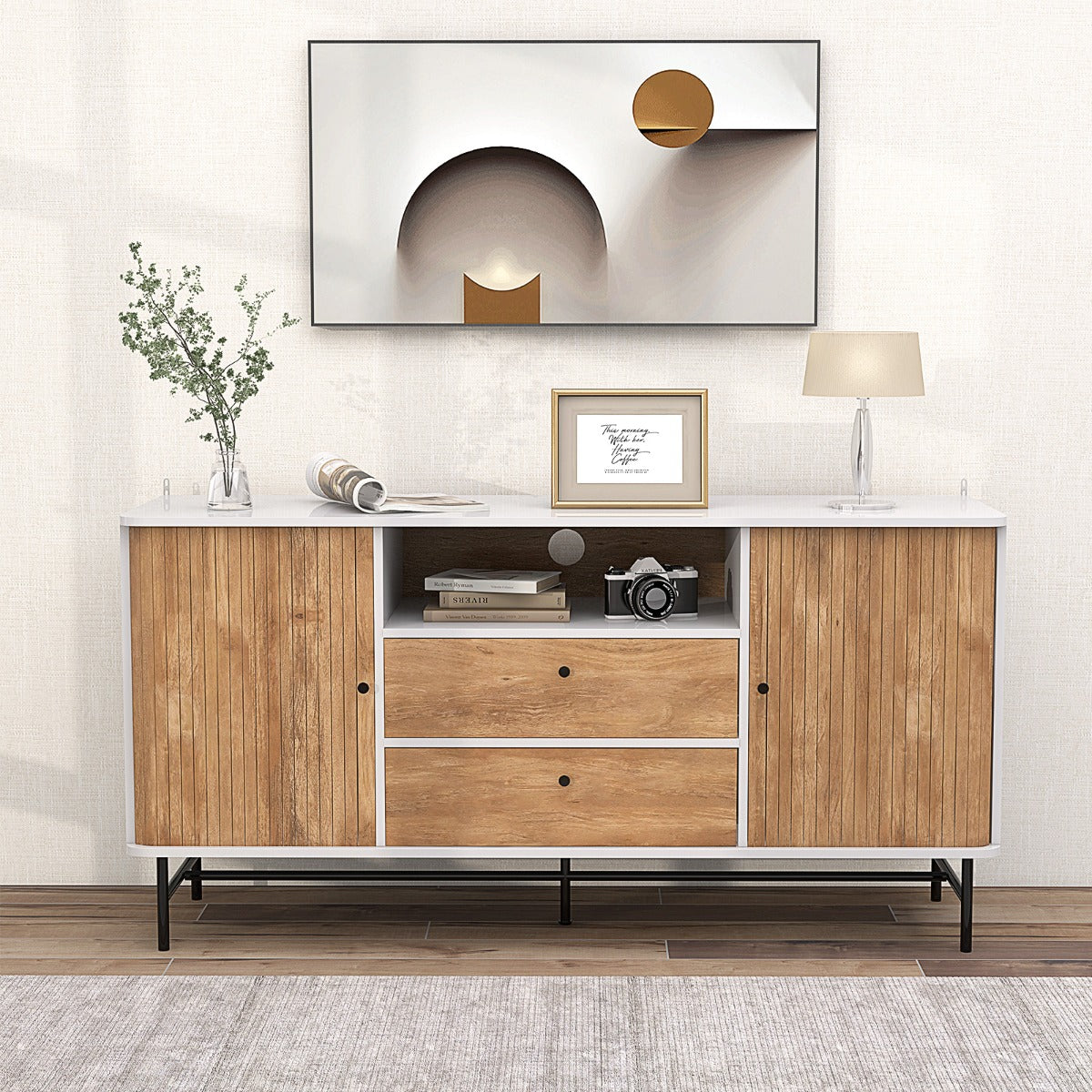 Mobile credenza con ante scorrevoli 2 cassetti foro per cavi-Mobile TV stile mid century da salotto Bianco