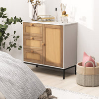 Mobile credenza con ante e cassetti in rattan-Mobile di accentuazione con 1 anta e 3 cassetti 80x35x80,5cm Bianco