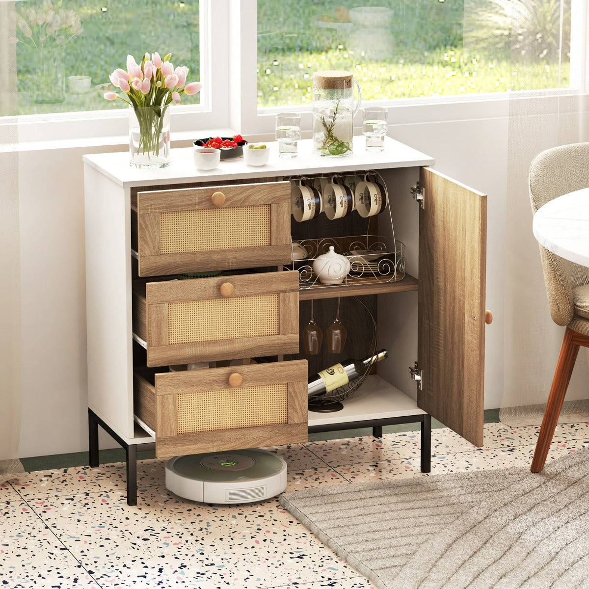 Mobile credenza con ante e cassetti in rattan-Mobile di accentuazione con 1 anta e 3 cassetti 80x35x80,5cm Bianco