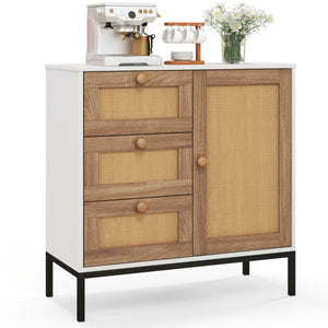 Mobile credenza con ante e cassetti in rattan-Mobile di accentuazione con 1 anta e 3 cassetti 80x35x80,5cm Bianco