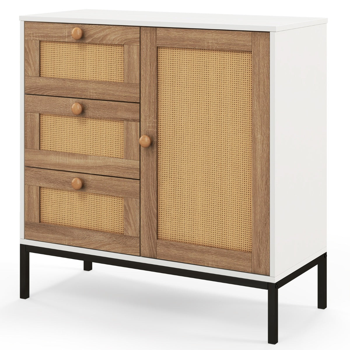 Mobile credenza con ante e cassetti in rattan-Mobile di accentuazione con 1 anta e 3 cassetti 80x35x80,5cm Bianco