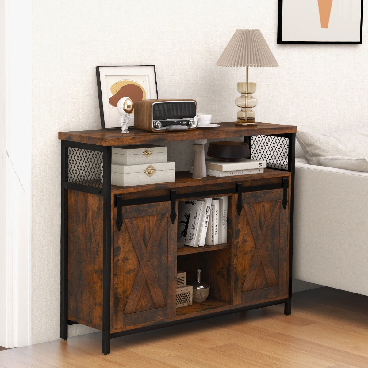 Mobile credenza con ante scorrevoli 3 ripiani regolabili e scomparti aperti, Mobile bar caff¨¨ stile rustico Marrone-Credenze buffet