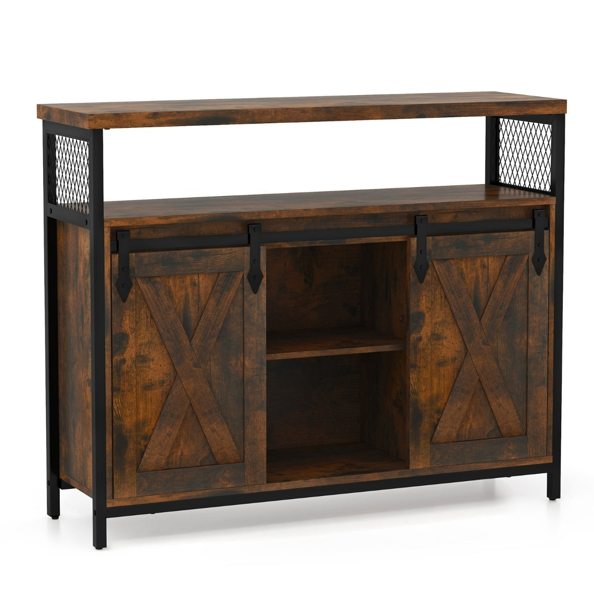 Mobile credenza con ante scorrevoli 3 ripiani regolabili e scomparti aperti, Mobile bar caff¨¨ stile rustico Marrone-Credenze buffet
