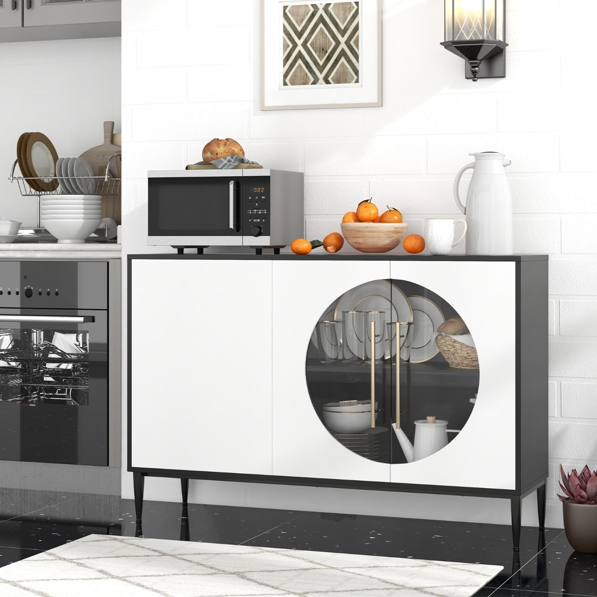 Mobile credenza con anta in vetro temperato gambe in metallo-Credenza da cucina moderna per soggiorno Bianco