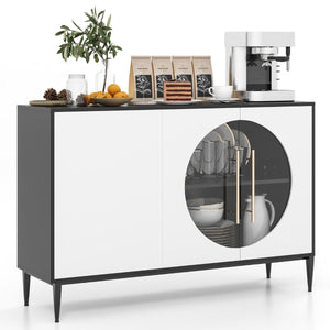 Mobile credenza con anta in vetro temperato gambe in metallo-Credenza da cucina moderna per soggiorno Bianco