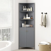 Mobile d¡¯angolo alto moderno con 5 ripiani e 2 ante scanalate per bagno, Mobile salvaspazio con ripiano regolabile-Armadietti da bagno