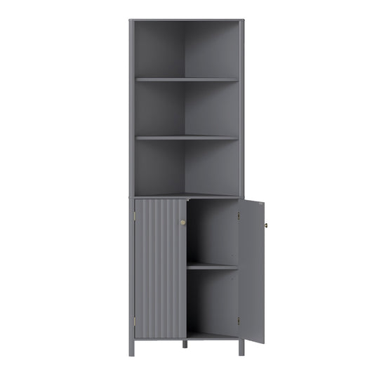 Mobile d¡¯angolo alto moderno con 5 ripiani e 2 ante scanalate per bagno, Mobile salvaspazio con ripiano regolabile-Armadietti da bagno