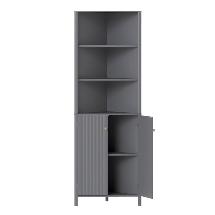 Mobile d¡¯angolo alto moderno con 5 ripiani e 2 ante scanalate per bagno, Mobile salvaspazio con ripiano regolabile-Armadietti da bagno