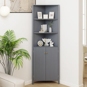 Mobile d¡¯angolo alto moderno con 5 ripiani e 2 ante scanalate per bagno, Mobile salvaspazio con ripiano regolabile-Armadietti da bagno