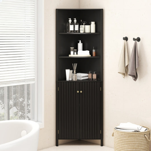 Mobile d¡¯angolo alto moderno con 5 ripiani e 2 ante scanalate per bagno, Mobile salvaspazio con ripiano regolabile Nero-Armadietti da bagno