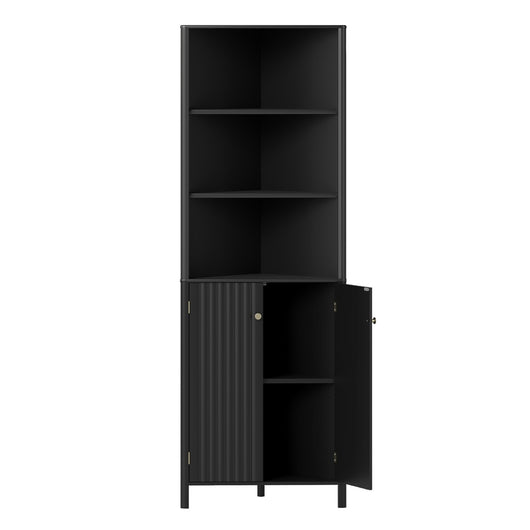 Mobile d¡¯angolo alto moderno con 5 ripiani e 2 ante scanalate per bagno, Mobile salvaspazio con ripiano regolabile Nero-Armadietti da bagno