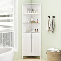Mobile d¡¯angolo alto moderno con 5 ripiani e 2 ante scanalate per bagno, Mobile salvaspazio con ripiano regolabile Bianco-Armadietti da bagno