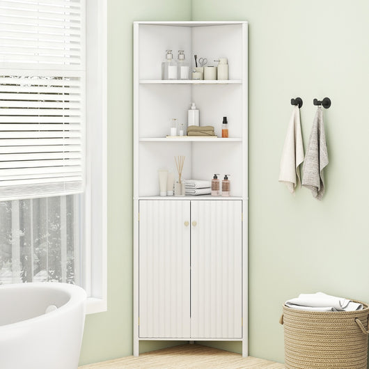 Mobile d¡¯angolo alto moderno con 5 ripiani e 2 ante scanalate per bagno, Mobile salvaspazio con ripiano regolabile Bianco-Armadietti da bagno