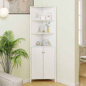 Mobile d¡¯angolo alto moderno con 5 ripiani e 2 ante scanalate per bagno, Mobile salvaspazio con ripiano regolabile Bianco-Armadietti da bagno