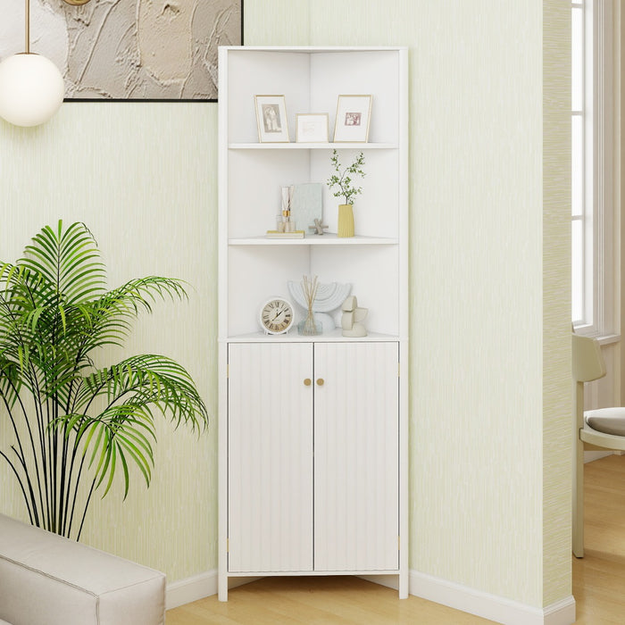 Mobile d¡¯angolo alto moderno con 5 ripiani e 2 ante scanalate per bagno, Mobile salvaspazio con ripiano regolabile Bianco-Armadietti da bagno