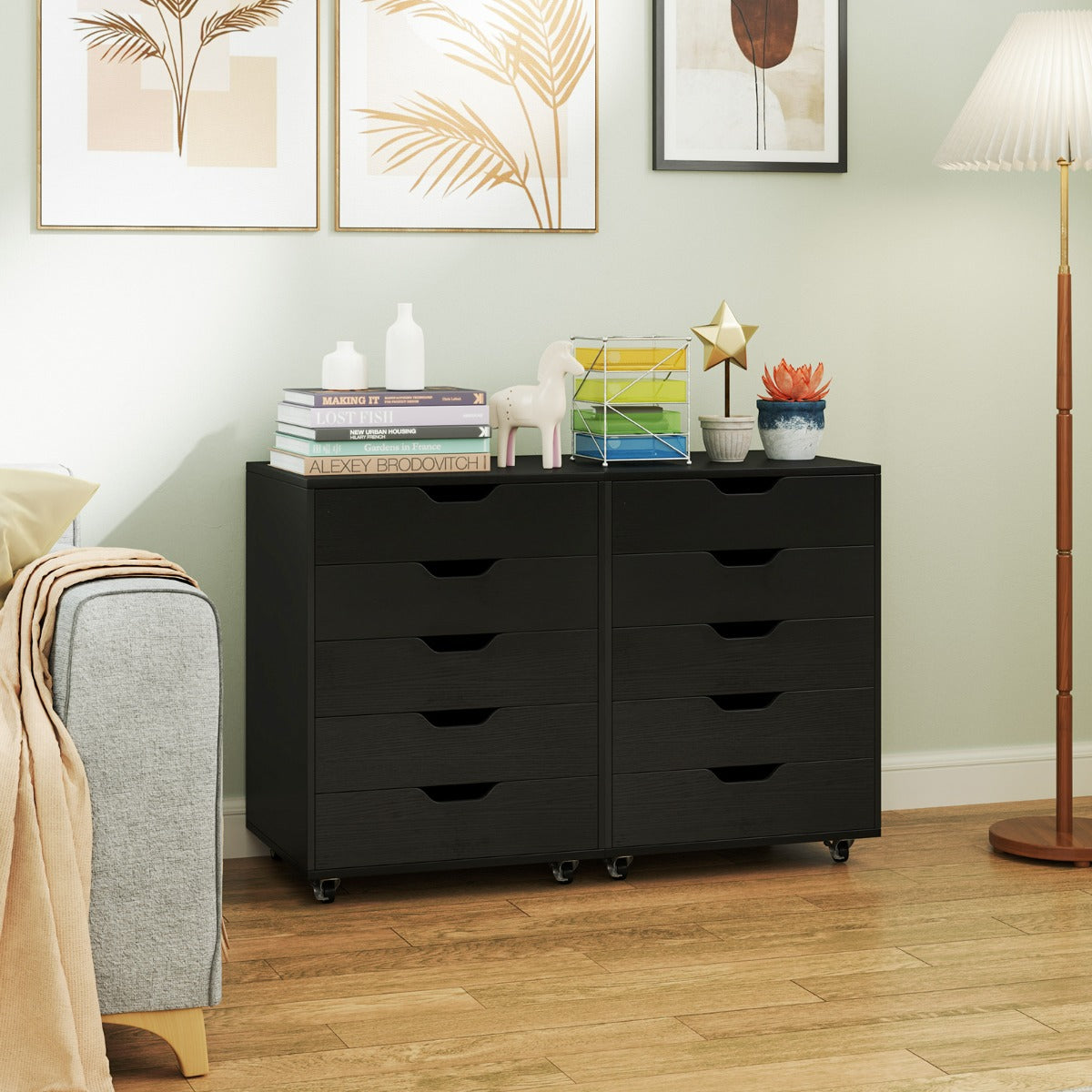 Cassettiera a 5 cassetti con ruote bloccabili, Mobile da archiviazione sotto scrivania per ufficio e casa Nero-Cassettiere