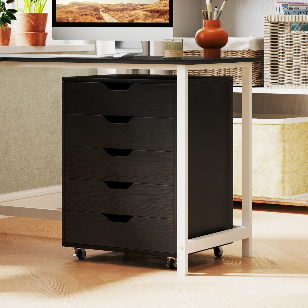 Cassettiera a 5 cassetti con ruote bloccabili, Mobile da archiviazione sotto scrivania per ufficio e casa Nero-Cassettiere