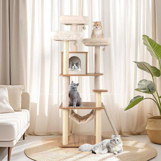 Albero per gatti alto 168 cm con 3 piattaforme, Torre multi - livello con accessori per gatti da interno-Alberi Tiragraffi