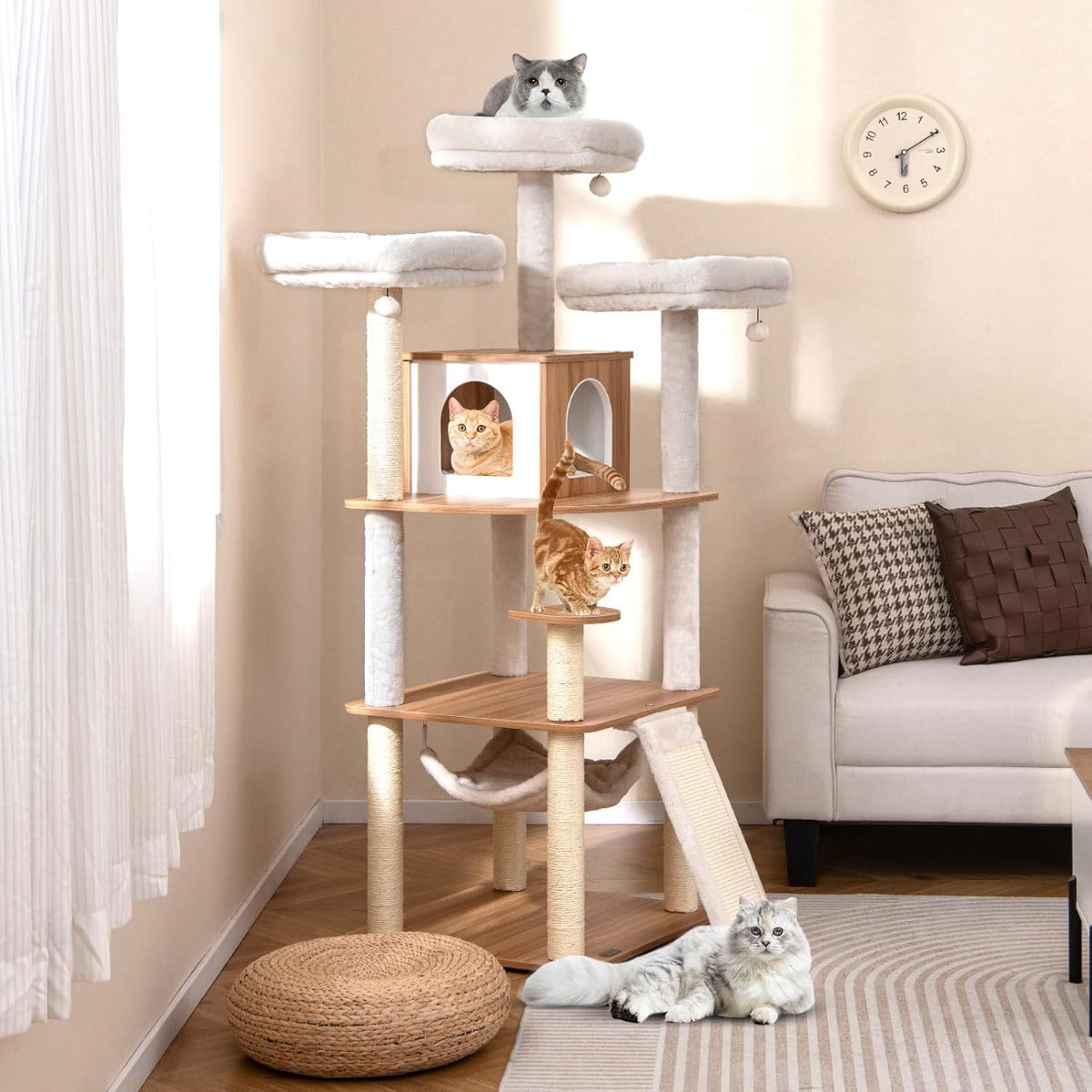 Albero per gatti alto 168 cm con 3 piattaforme, Torre multi - livello con accessori per gatti da interno-Alberi Tiragraffi