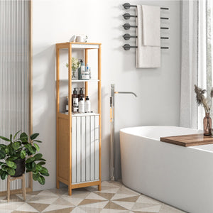Mobile da bagno alto 129 cm con anta ripiani e ripiano regolabile-Armadietto alto e stretto in bamb¨´ Naturale