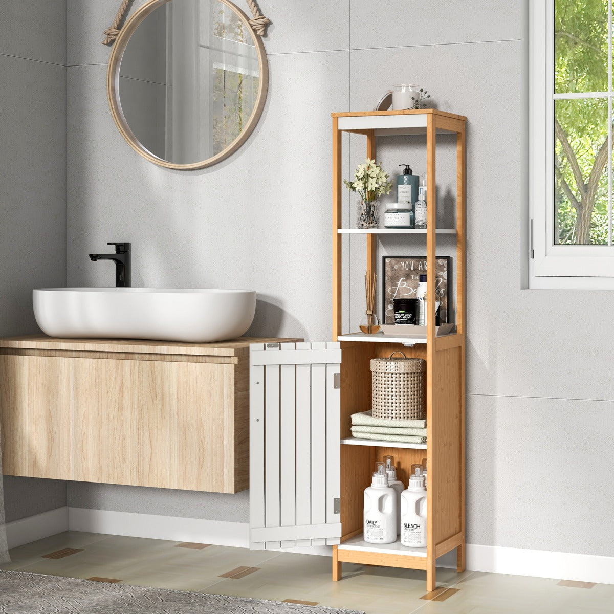 Mobile da bagno alto 129 cm con anta ripiani e ripiano regolabile-Armadietto alto e stretto in bamb¨´ Naturale