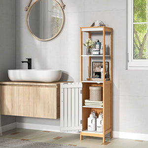 Mobile da bagno alto 129 cm con anta ripiani e ripiano regolabile-Armadietto alto e stretto in bamb¨´ Naturale