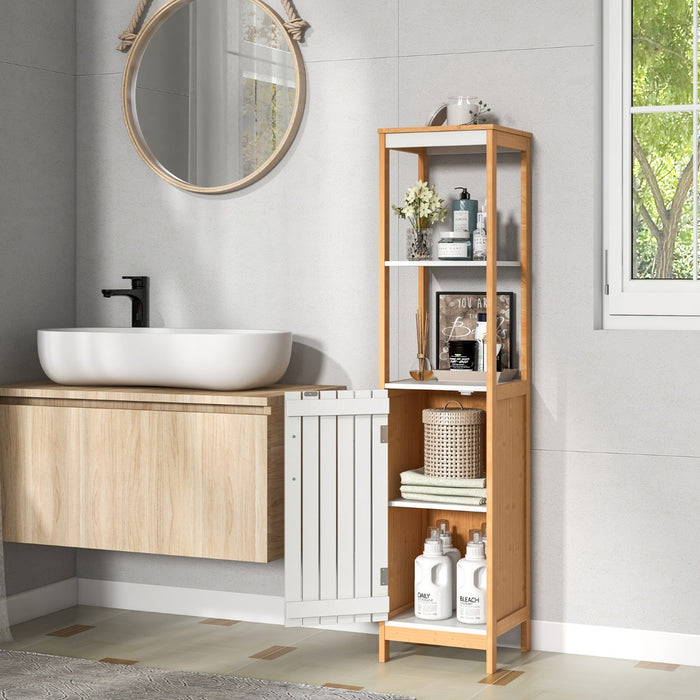 Mobile da bagno alto 129 cm con anta ripiani e ripiano regolabile-Armadietto alto e stretto in bamb¨´ Naturale
