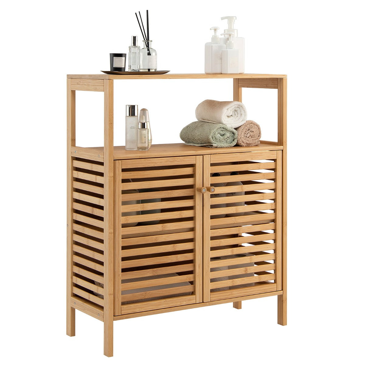 Mobile da bagno in bamb¨´ con ripiano aperto e doppie porte, Organizzatore di stoccaggio per cucina Naturale-Armadietti da bagno
