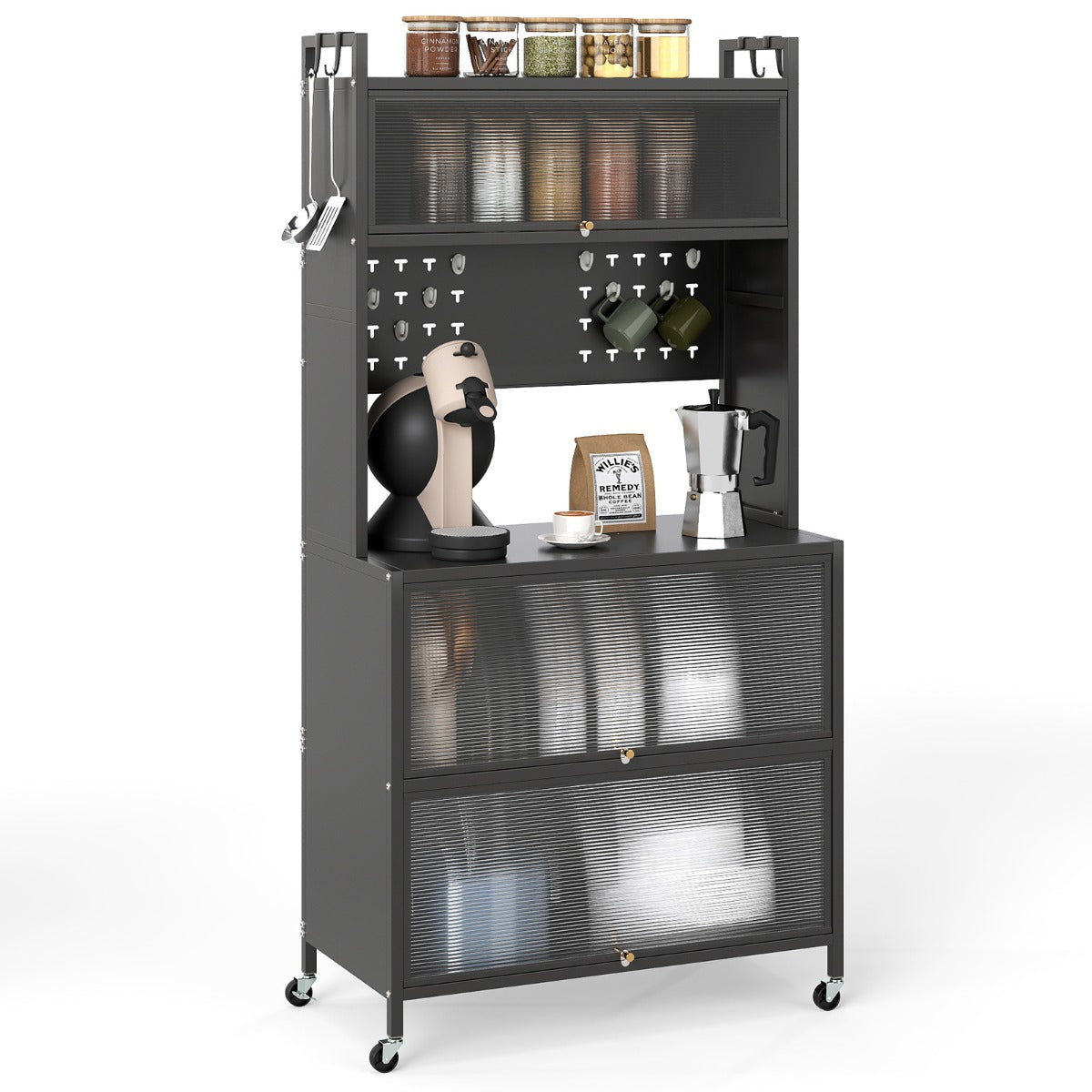 Mobile da cucina rete a 5 ripiani supporto microonde ante a ribalta, Mobile da cucina pannello con ganci Grigio-Credenze buffet