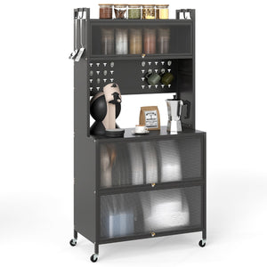 Mobile da cucina rete a 5 ripiani supporto microonde ante a ribalta, Mobile da cucina pannello con ganci Grigio-Credenze buffet