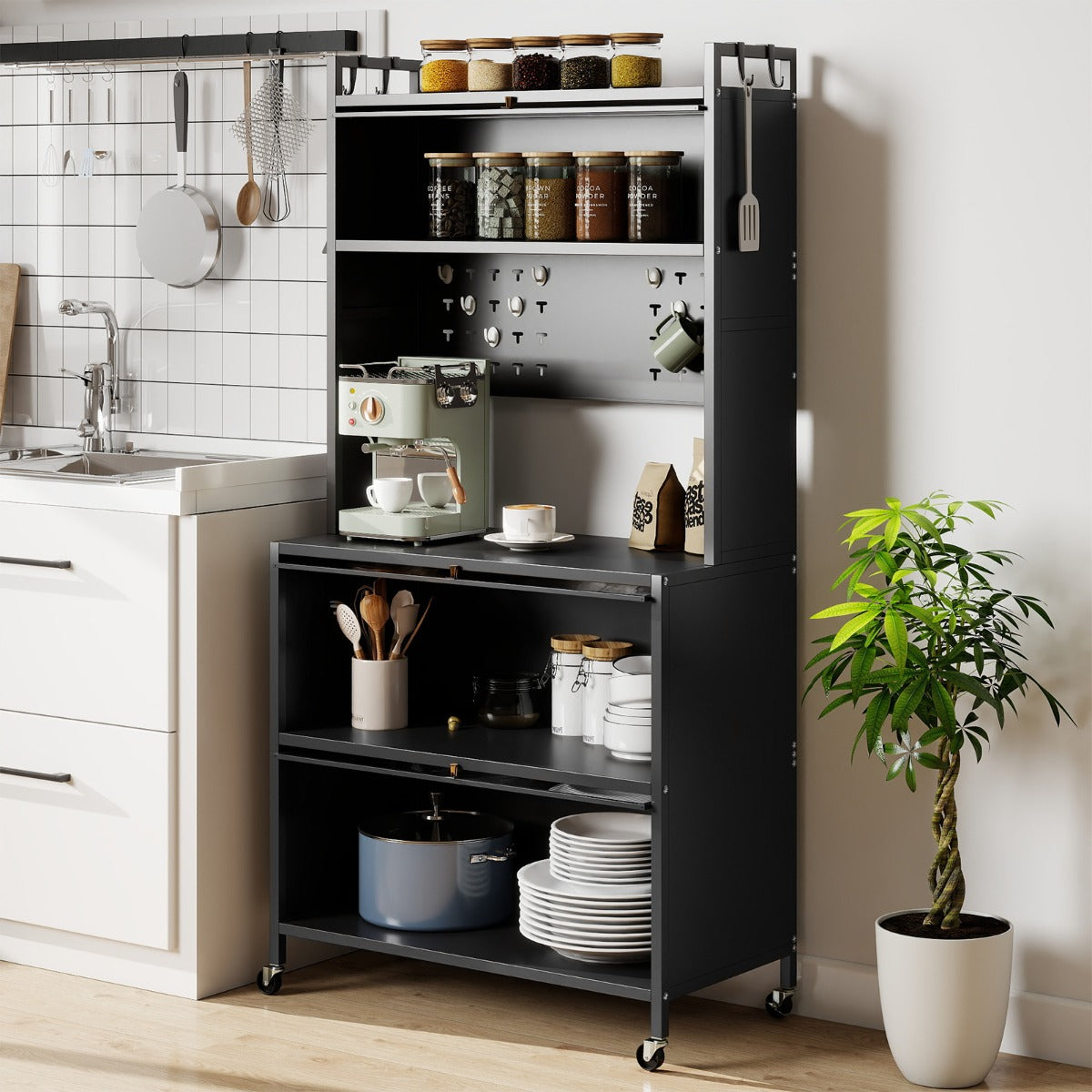 Mobile da cucina rete a 5 ripiani supporto microonde ante a ribalta, Mobile da cucina pannello con ganci Grigio-Credenze buffet