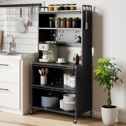 Mobile da cucina rete a 5 ripiani supporto microonde ante a ribalta, Mobile da cucina pannello con ganci Grigio-Credenze buffet