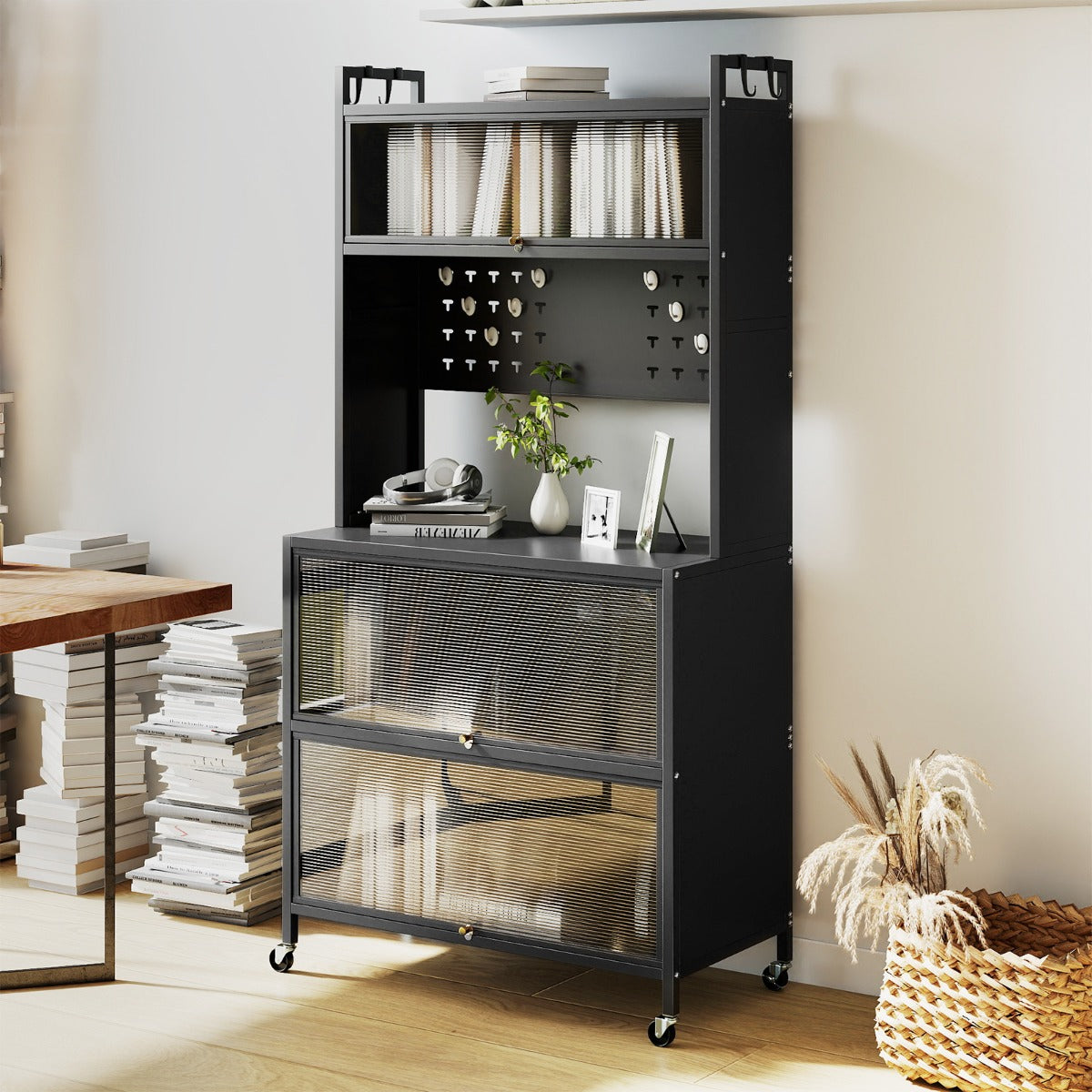 Mobile da cucina rete a 5 ripiani supporto microonde ante a ribalta, Mobile da cucina pannello con ganci Grigio-Credenze buffet