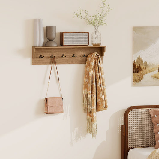 Appendiabiti da muro ripiano appendiabiti legno 80 cm 6 ganci, Appendiabiti da muro asciugamani e borse Legno naturale-Appendiabiti