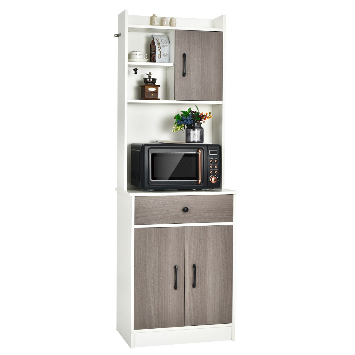 Mobile da cucina con 3 ante e ripiani regolabili-Credenza con ampio spazio aperto per microonde Bianco