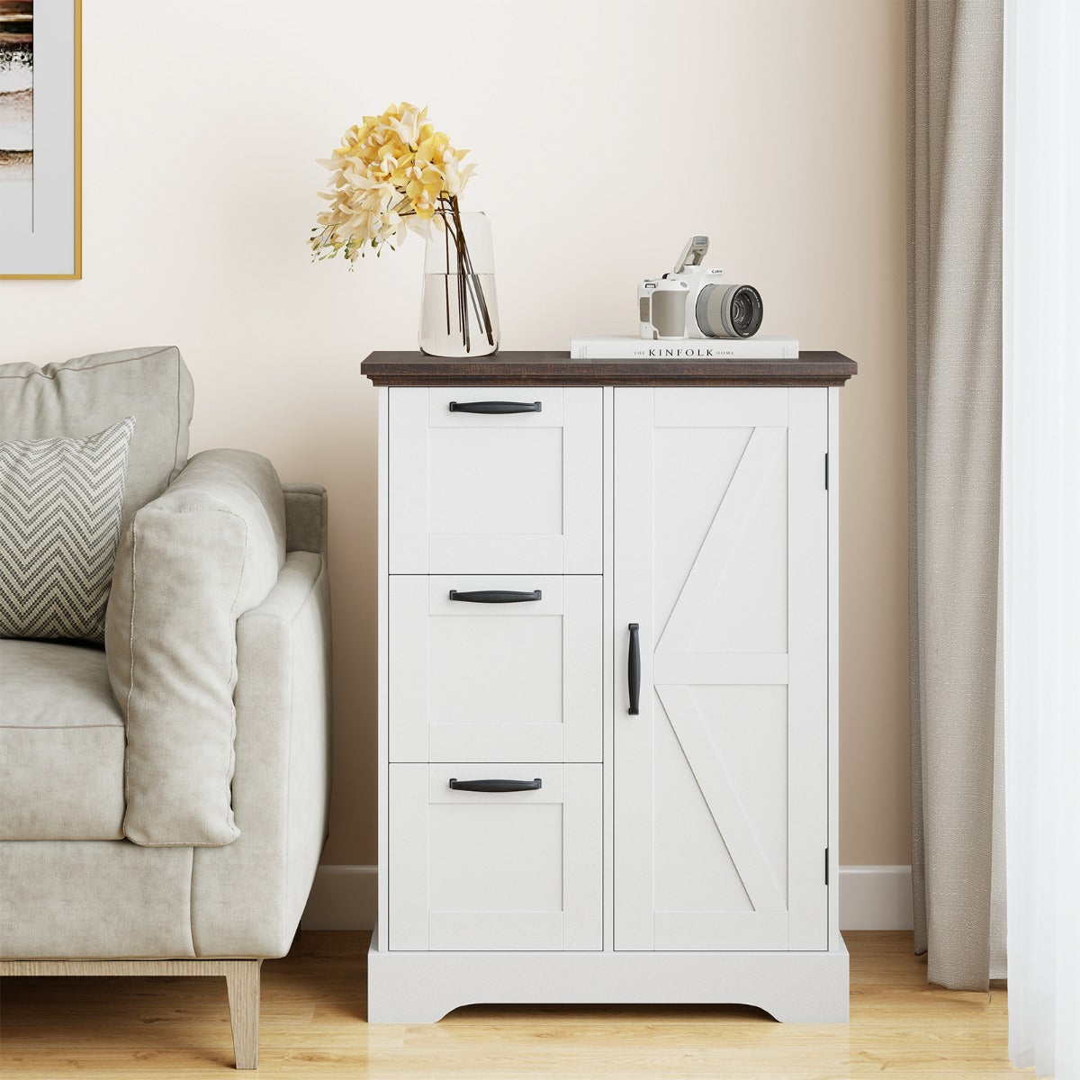 Mobile da pavimento mobile accentato rustico con porta da fienile, Mobile credenza indipendente per cucina Bianco-Armadietti da bagno