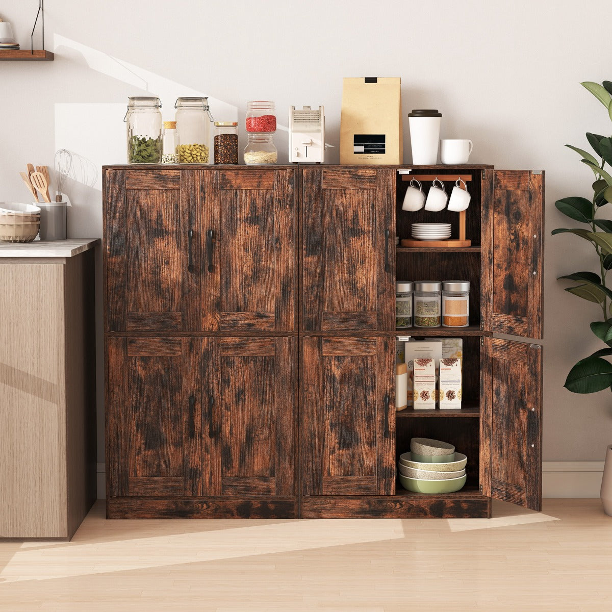 Mobile da bagno mobiletto da 110cm con 4 ante e ripiani regolabili, Mobile dispensa da cucina per soggiorno Marrone rustico-Armadietti da bagno