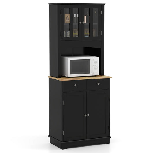 Mobile dispensa da cucina autoportante con piano in legno regolabile-Credenza e 2 cassetti con ante in vetro Nero