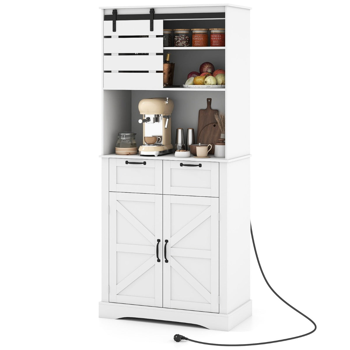 Mobile dispensa da cucina con presa di corrente armadio alto con ante, Mobile supporto per microonde con spazio-Credenze buffet