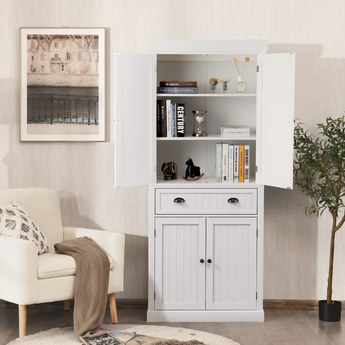 Mobile dispensa da cucina alto 183cm con ripiani regolabili 2 ante e cassetto-Mobile credenza da soggiorno Bianco