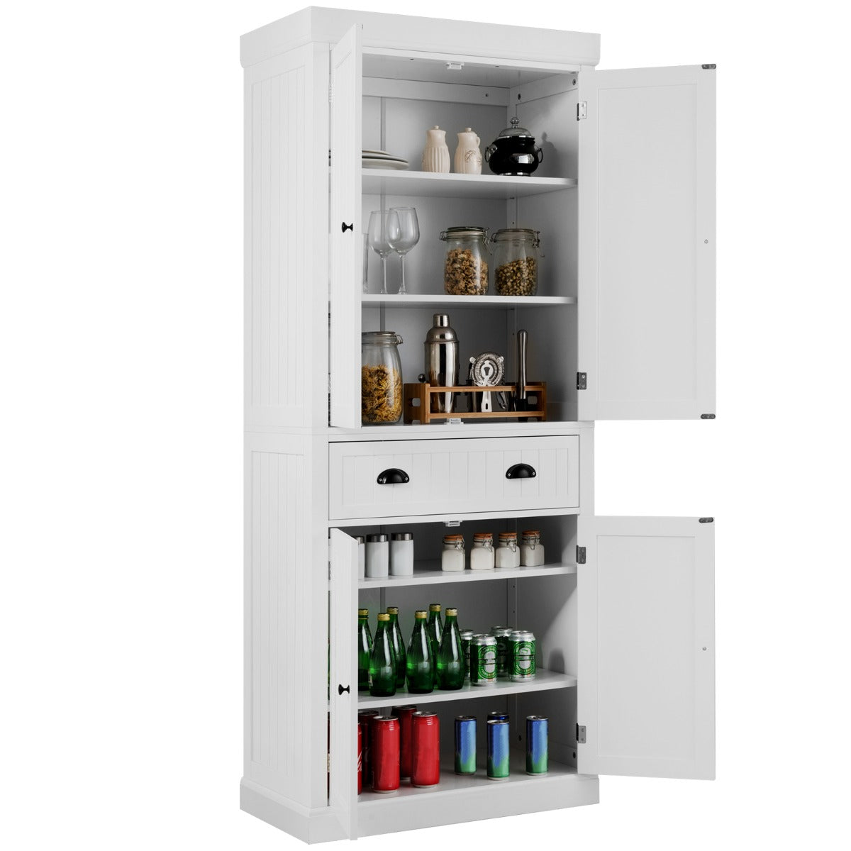 Mobile dispensa da cucina alto 183cm con ripiani regolabili 2 ante e cassetto-Mobile credenza da soggiorno Bianco