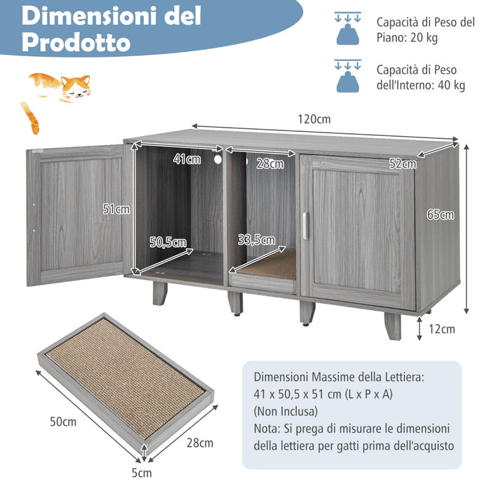 Mobile lettiera per gatti con ingressi sinuosi tiragraffi gambe staccabili, Armadietto casetta per gatti Grigio scuro-Lettini e divanetti