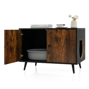 Mobile lettiera per gatti con divisore e 2 ingressi a forma di testa di gatto, Mobile in legno per gatti nascosto-Lettini e divanetti