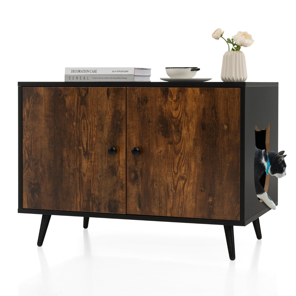 Mobile lettiera per gatti con divisore e 2 ingressi a forma di testa di gatto, Mobile in legno per gatti nascosto-Lettini e divanetti