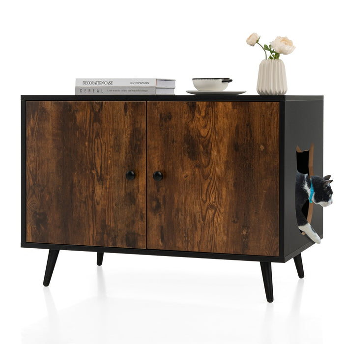 Mobile lettiera per gatti con divisore e 2 ingressi a forma di testa di gatto, Mobile in legno per gatti nascosto-Lettini e divanetti